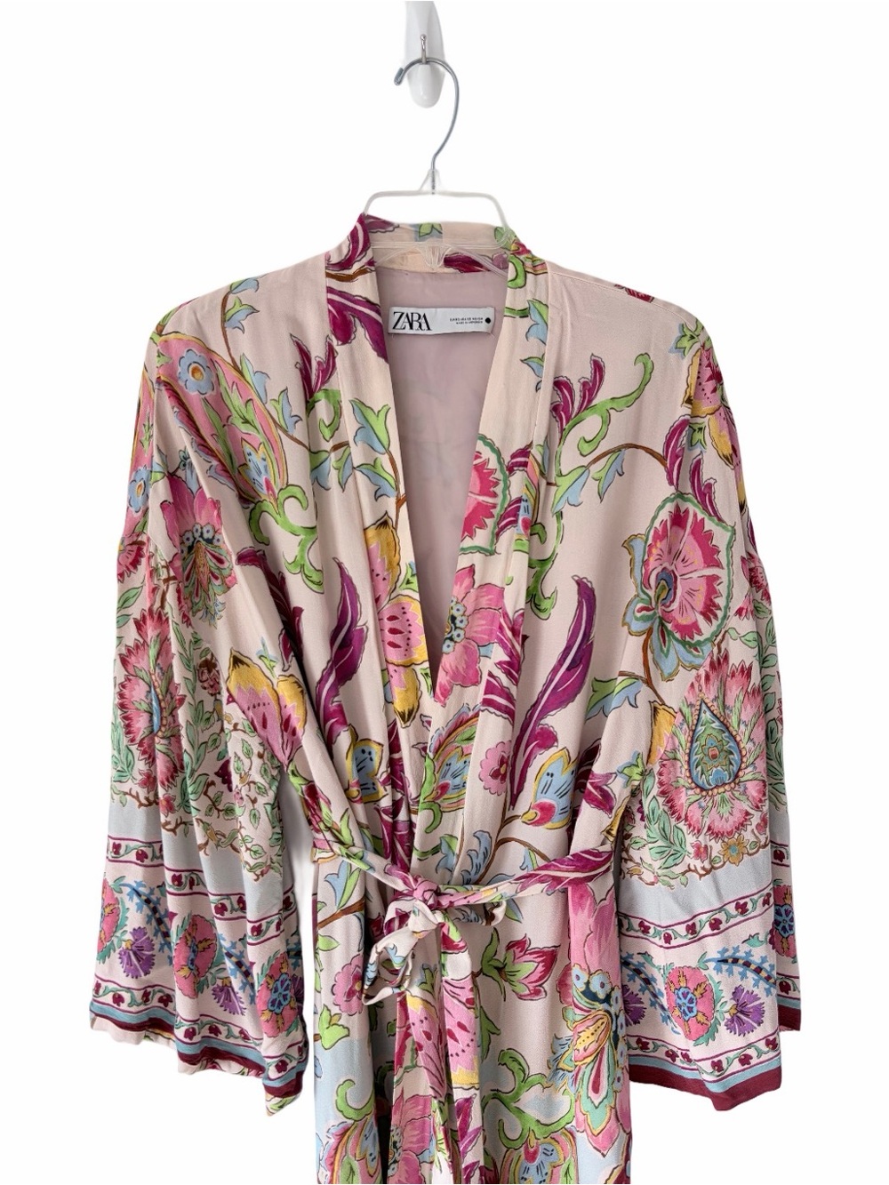 Zara Blush Pink Open Floral Belted Kimono Robe Duster size XS Side Slits - Picture 4 of 11